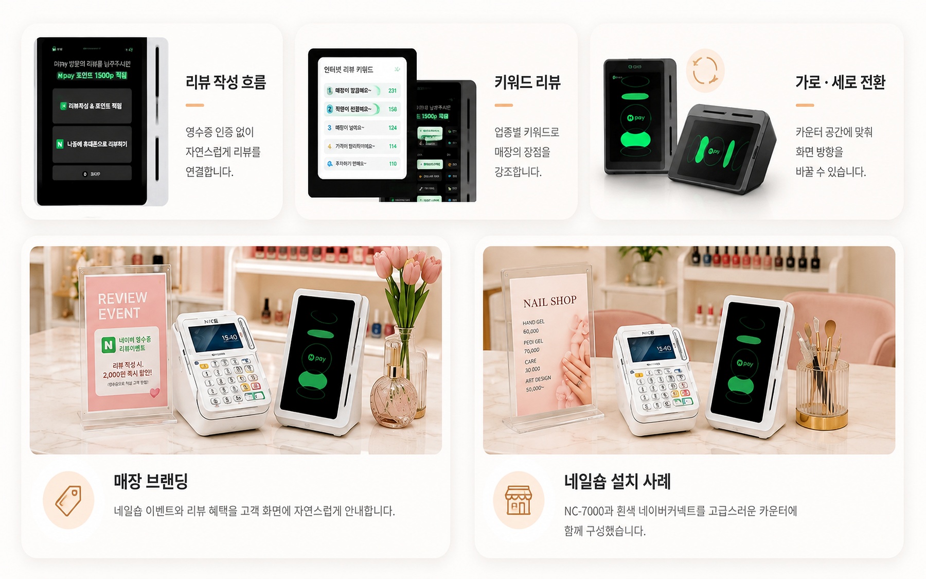 리뷰 작성 흐름, 키워드 리뷰, 가로 세로 전환, 네일숍 매장 브랜딩과 설치 사례